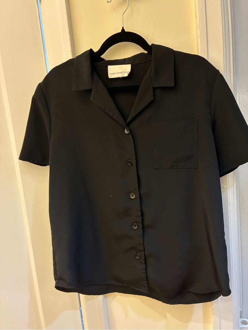 Susan Graver Black Collared Short Sleeve Blouse